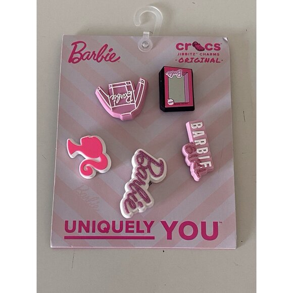 5 Pack Crocs Barbie Jibbitz Original Pink Girl Shoe Charms Mirror Sweater NEW - Picture 1 of 9